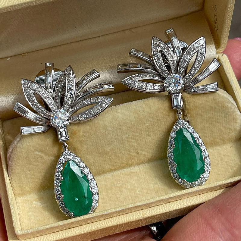10.98Ctw Pear-shaped Colombian Emerald Pendant Earrings-JEWELBUYS