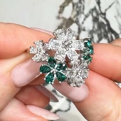 14ct Pear Cut Emerald and White Diamond Floral Ring - JEWELBUYS