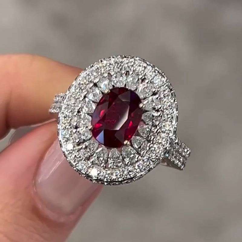 3.6ct Oval Cut Red Gemstone Pave Engagement Ring - JEWELBUYS