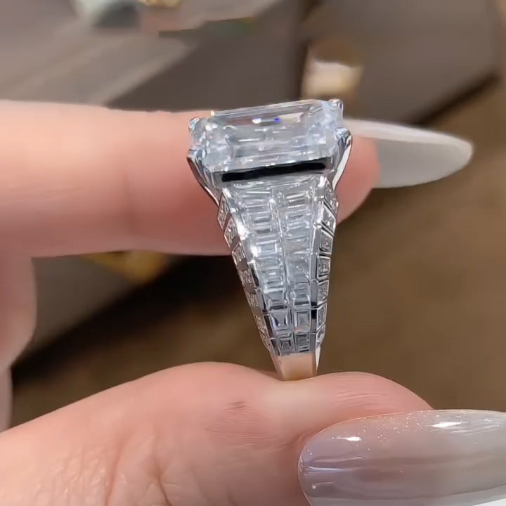 9.5Ctw Emerald-cut Art Deco style pavé sapphire engagement ring-JEWELBUYS