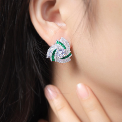 Elegant 8 ctw Round & Baguette Cut White Gemstone & Emerald Swirl Earrings -JEWELBUYS