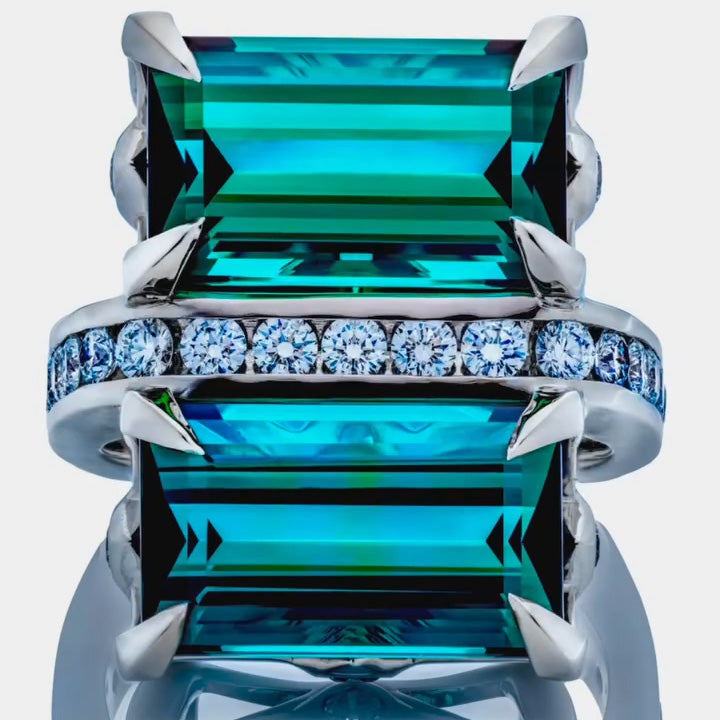 5ctw Emerald Cut Green Tourmaline Double Stone Interesting Ring-JEWELBUYS
