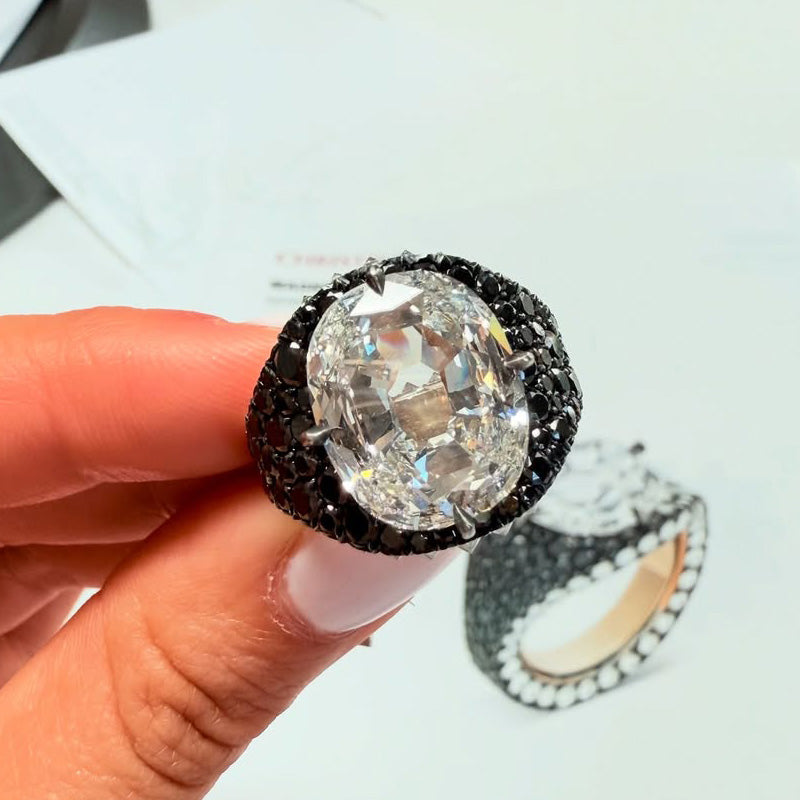 6.36Ct Cushion Cut Black Spinel and White Sapphire Ring-JEWELBUYS
