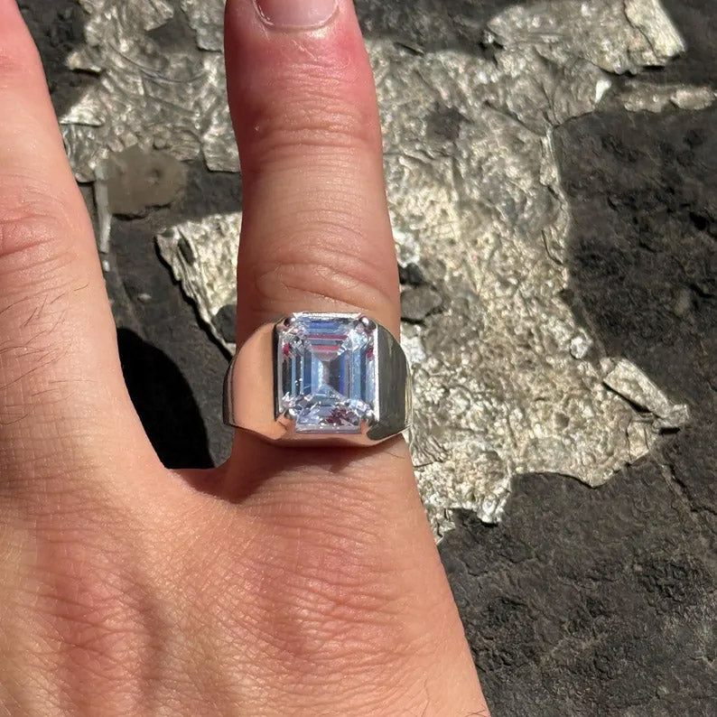 6.5Ct Emerald-Cut Classic Men's Sapphire Heavyweight Ring-JEWELBUYS