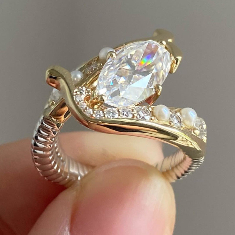 Vintage 4ct Oval Cut White Sapphire and Sided Round Cut Stones with Pearl Women's Engagement Ring in Gold-JEWELBUYS