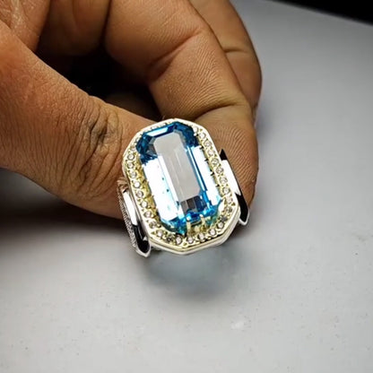 11ct Octagon Cut Aquamarine S925 Sterling Silver Ring-JEWELBUYS