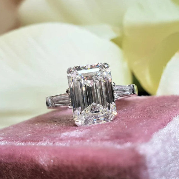 5ct Emerald Cut White Sapphire Three Stone Engagement Ring-JEWELBUYS