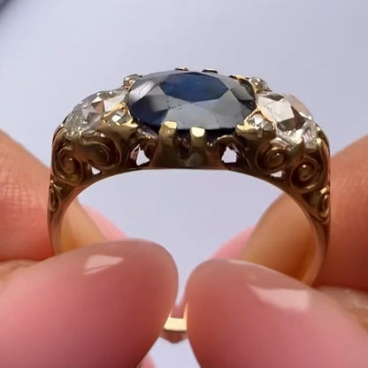 3.35Ctw Victorian-style vintage carved cushion-shaped blue gemstone engagement ring-JEWELBUYS