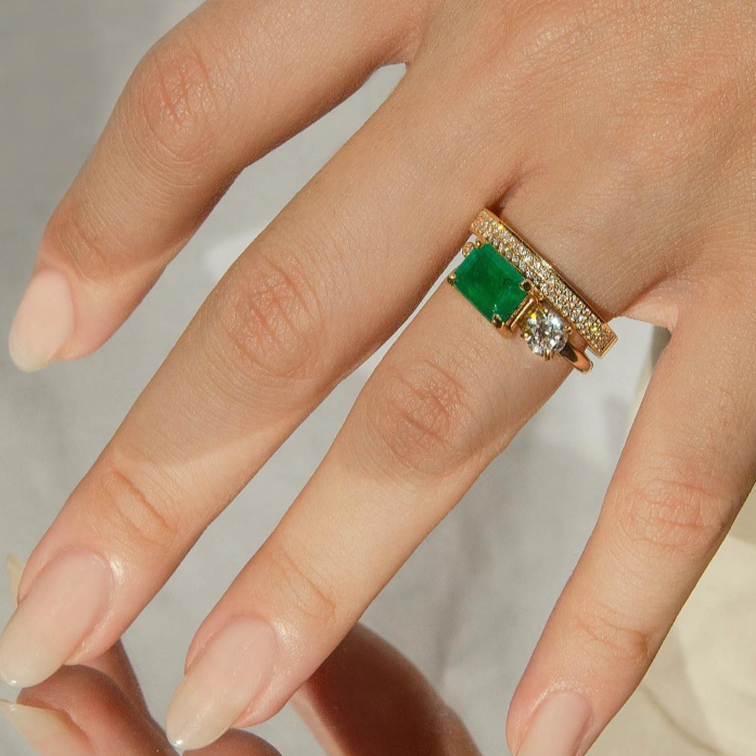 Personalized 2ct Emerald & Round Cut Green & White Sapphire Opening Ring-JEWELBUYS