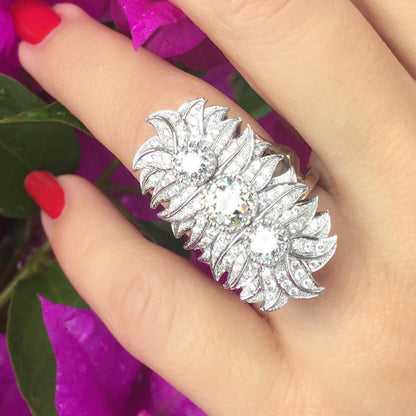 4.65Ctw Round White Sapphire Three-Stone Leaf Ring-JEWELBUYS
