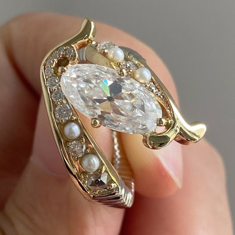 Vintage 4ct Oval Cut White Sapphire and Sided Round Cut Stones with Pearl Women's Engagement Ring in Gold-JEWELBUYS
