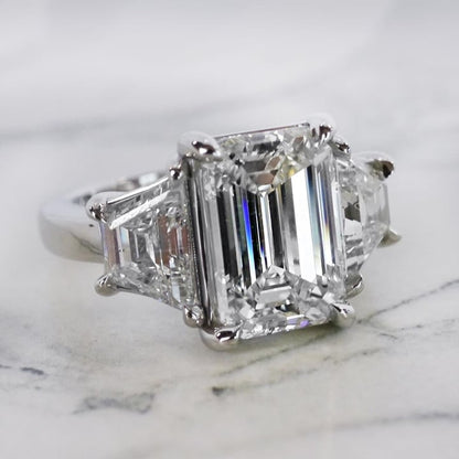 4.5ct Emerald Cut White Sapphire Stepped Three Stone Engagement Ring-JEWELBUYS