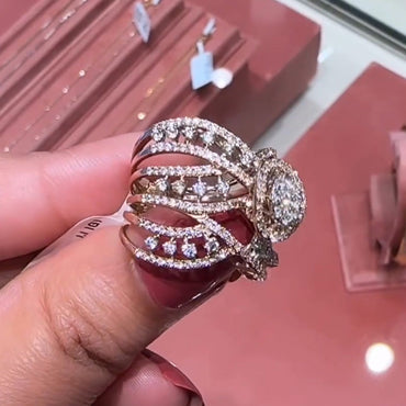 5ct Oval Halo Triple Band Arm Gemstone Ring -JEWELBUYS