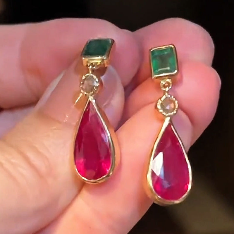 6.0ctw Various Cut Red and Emerald Two Tone Sapphire Drop Earrings - JEWELBUYS