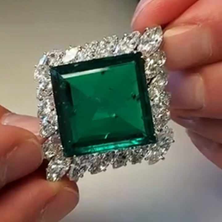 24.3Ctw Square Emerald and Sapphire Brooch-JEWELBUYS