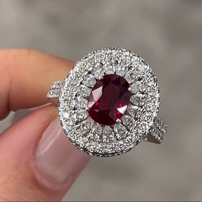 3.6ct Oval Cut Red Gemstone Pave Engagement Ring - JEWELBUYS