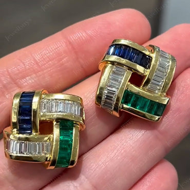 4ctw Baguette Cut Blue and Green Sapphire Braided Earrings-JEWELBUYS