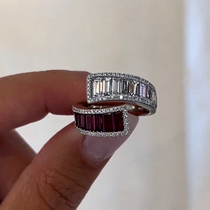 3ctw Baguette Cut Bypass Ruby & White Sapphire Fashion Ring - JEWELBUYS