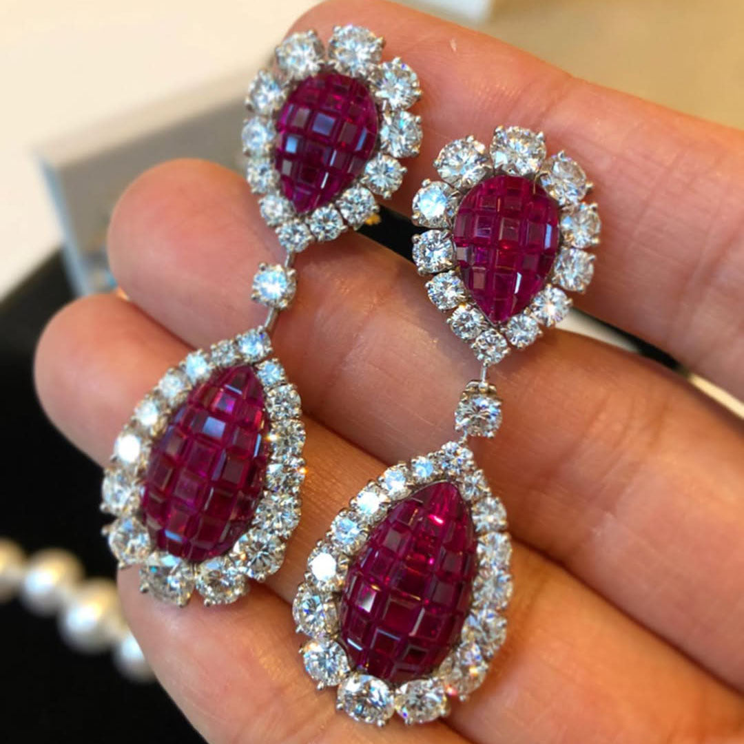 4.0Ctw Mysterious Square Ruby Pendant Earrings-JEWELBUYS