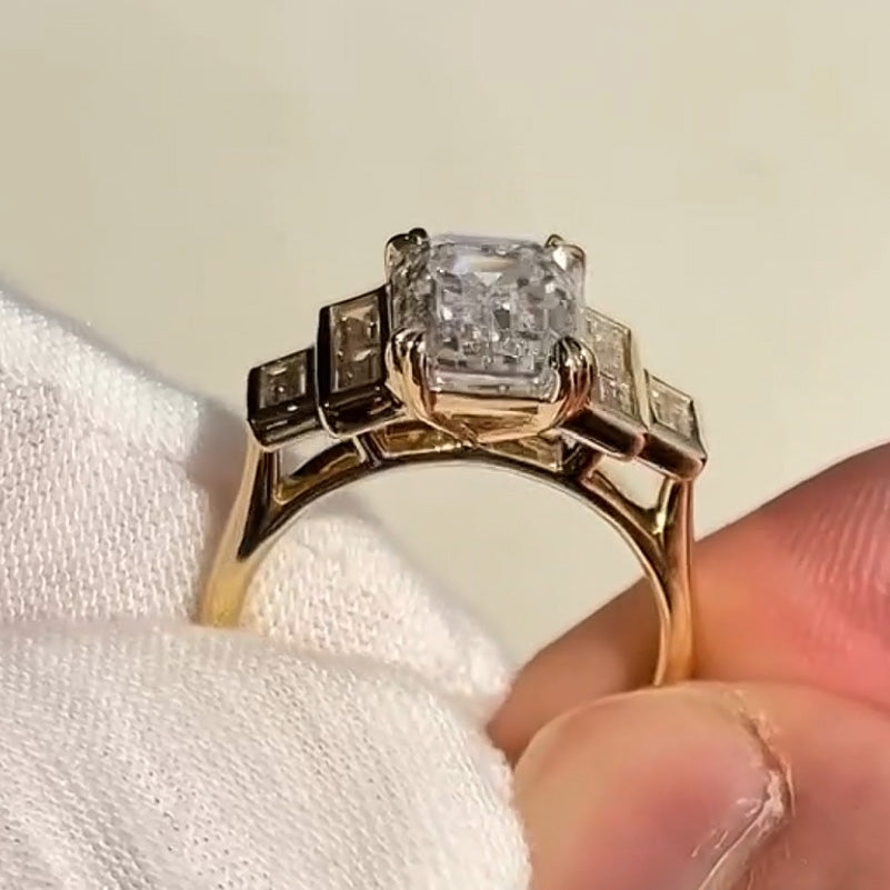 3.5Ctw Emerald Cut Baguette Side Stone Step Engagement Ring-JEWELBUYS