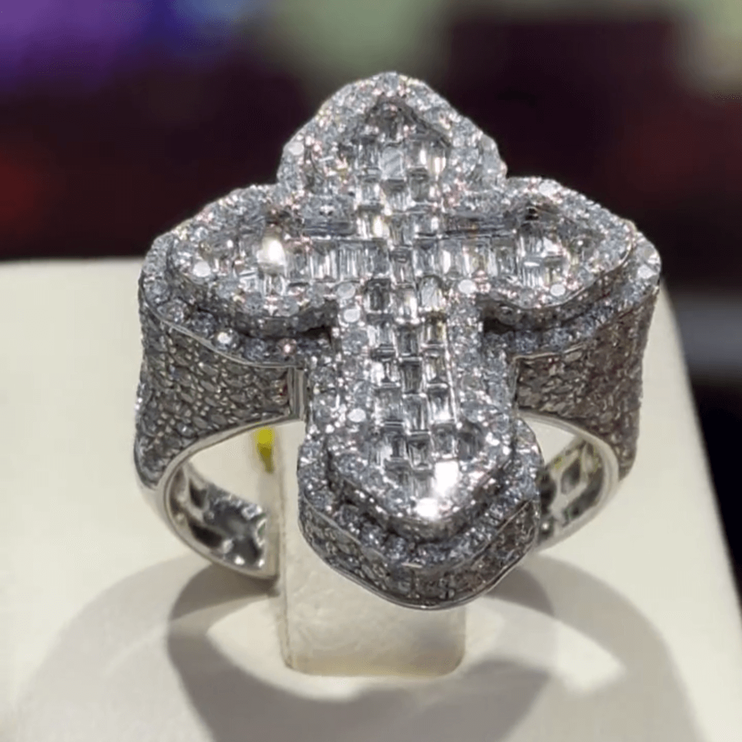 7ct Round & Baguette Cut White Sapphire Silver Cross Ring-JEWELBUYS