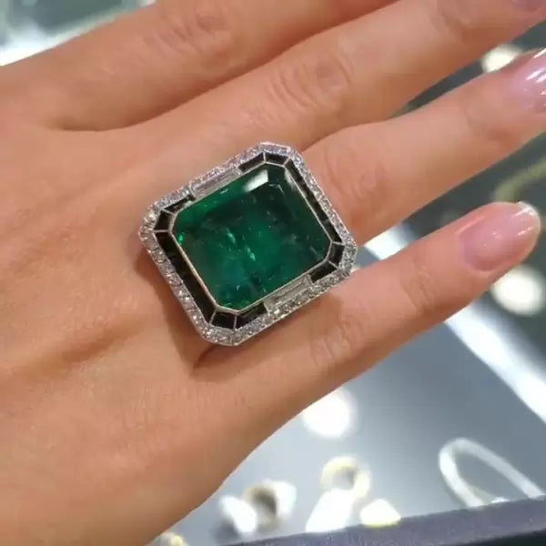 Vintage 10ctw Emerald Cut Emerald Sided Round Cut White & Black Sapphire Ring-JEWELBUYS