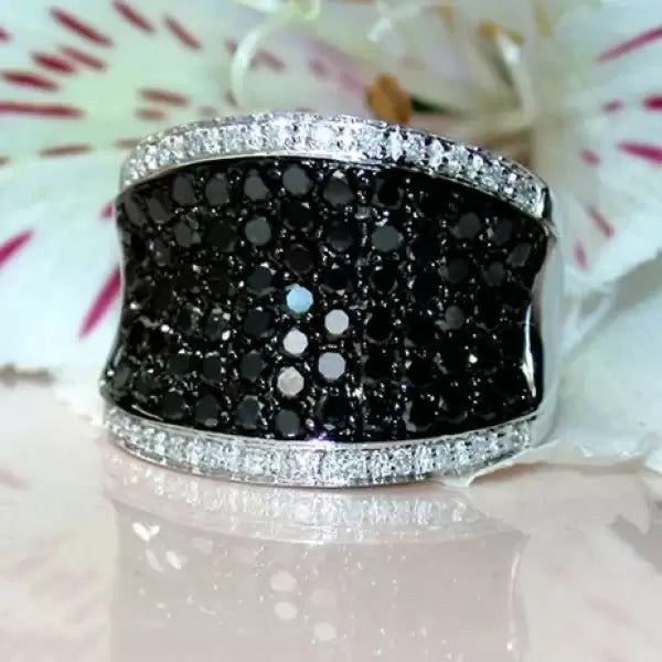 2.1ctw Round Cut Black & White Sapphire Pave Set Ring-JEWELBUYS