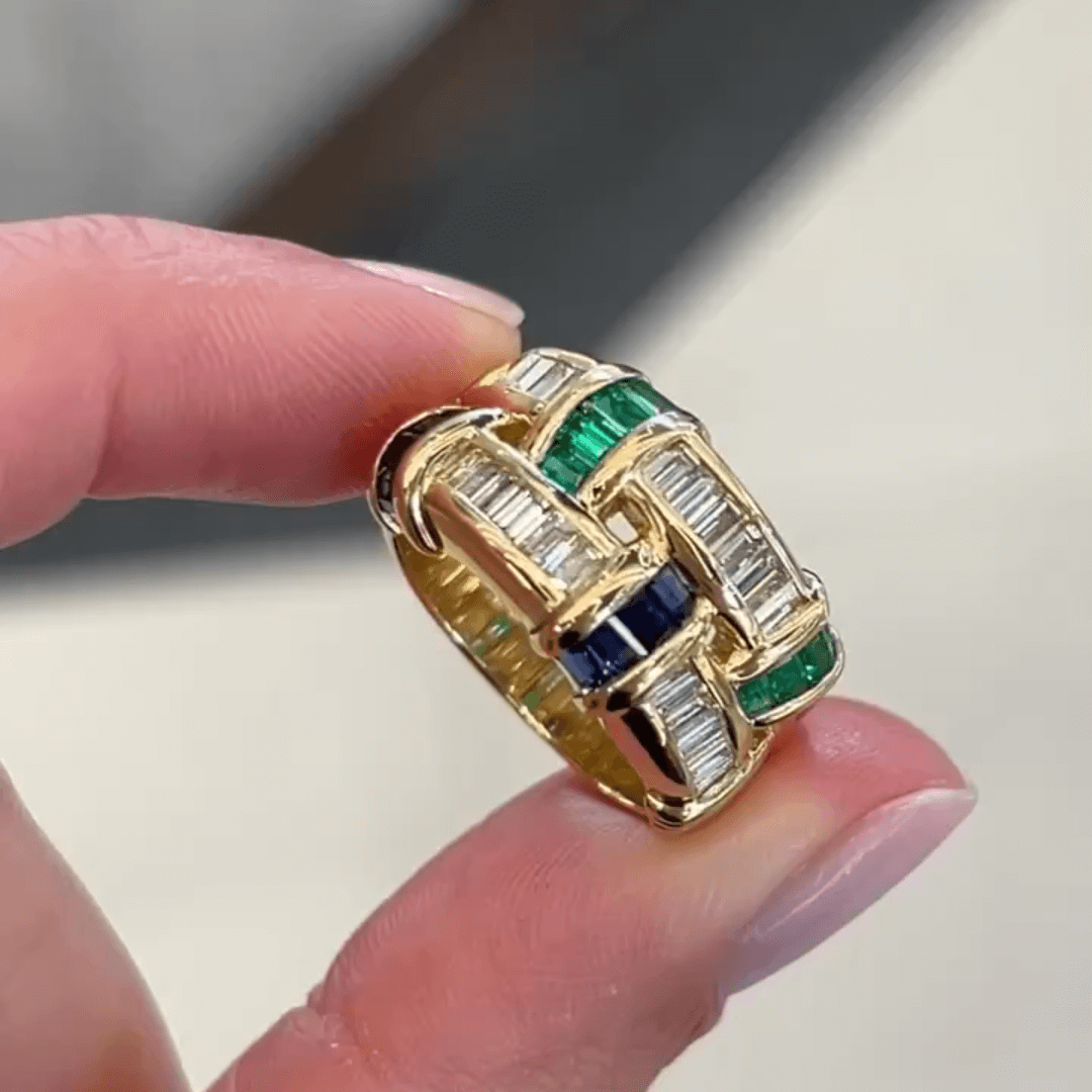 Eternal Art 2ct Emerald Cut Multi Sapphires Wide Band Two Tone Weave Ring in Gold-JEWELBUYS