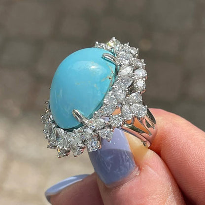 5.83Ctw Cabochon Blue Turquoise and White Sapphire Ring-JEWELBUYS