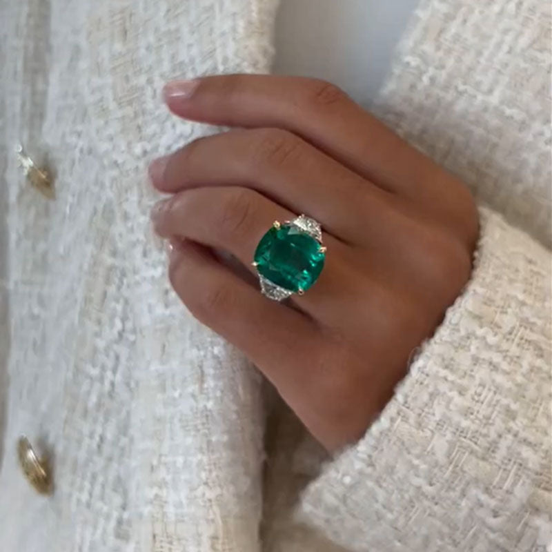 Vintage 13ct Emerald Cut Emerald & White Sapphire Engagement Ring-JEWELBUYS