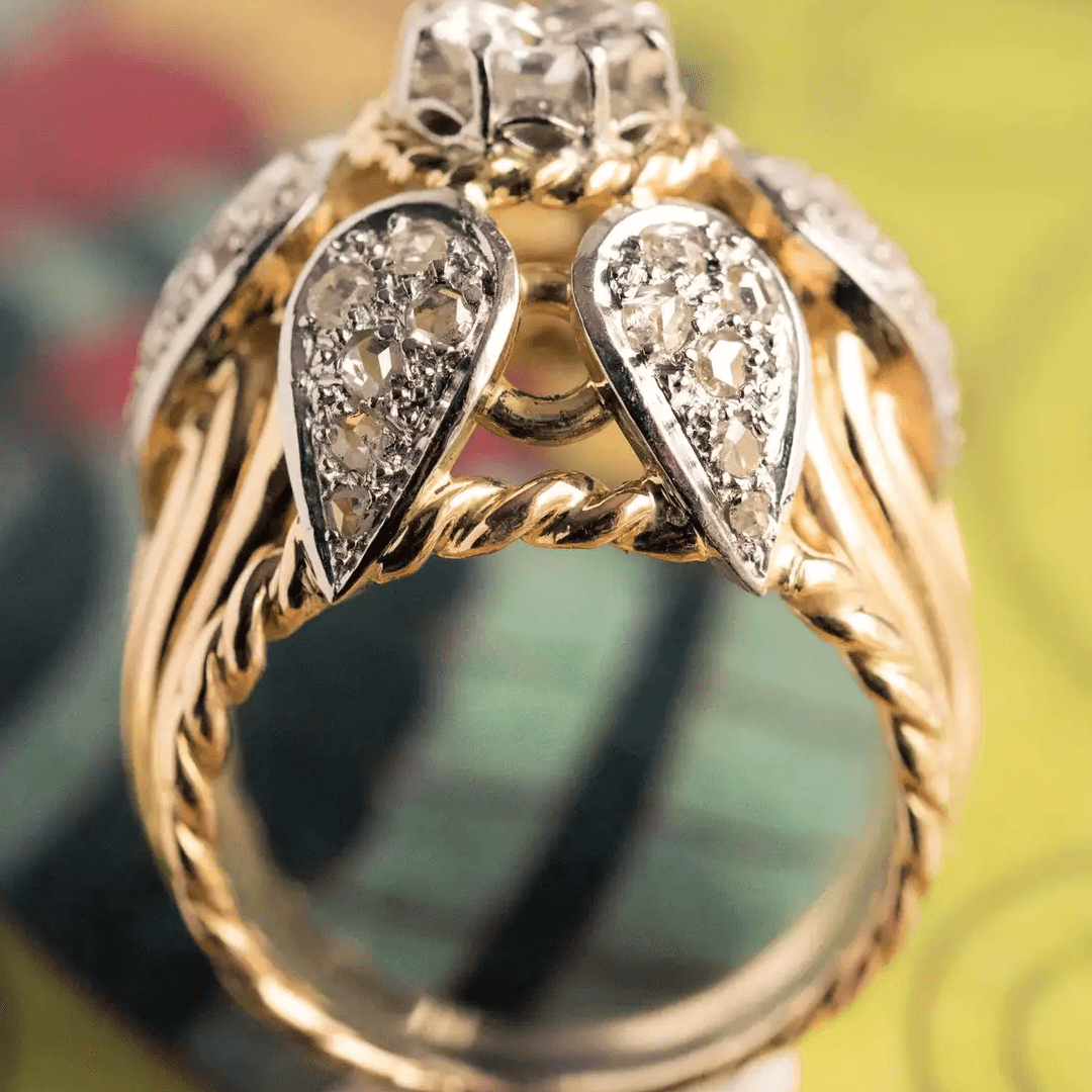 French Vintage 7ct Round Cut White Sapphire Yellow Gold Thread Dome Ring-JEWELBUYS