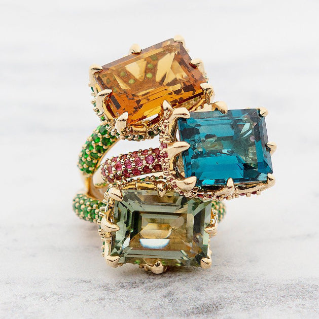 8 ctw Multicolor Sapphire Emerald Cut Paved Cocktail Ring - JEWELBUYS