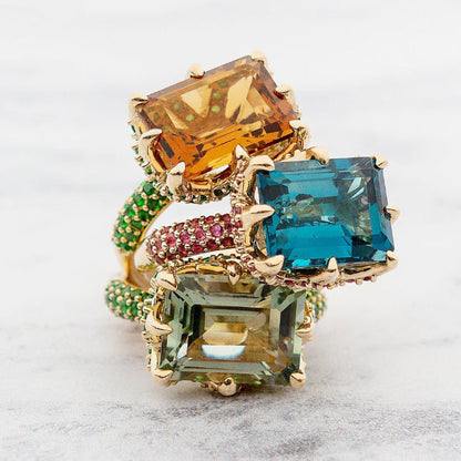 8 ctw Multicolor Sapphire Emerald Cut Paved Cocktail Ring - JEWELBUYS
