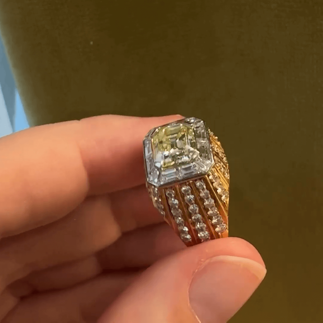 6ct Fancy Yellow Emerald Surrounded Round Cut White Sapphire Engagement Ring in Rose Gold-JEWELBUYS