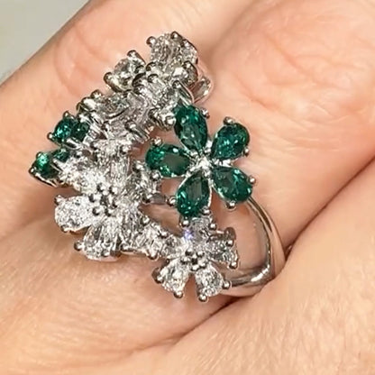 14ct Pear Cut Emerald and White Diamond Floral Ring - JEWELBUYS