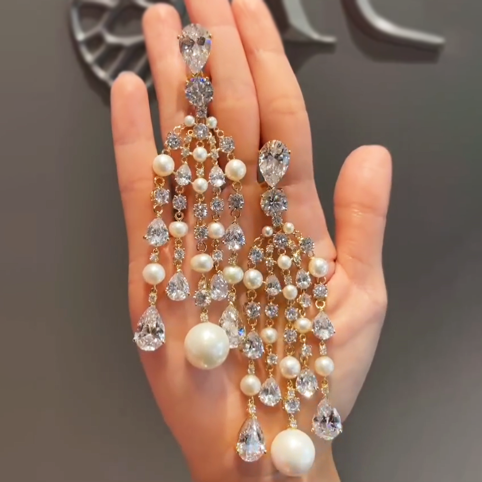 Fantasy 10 ctw Pear&Round Cut White Gemstone & Pearl Chandelier Earrings -JEWELBUYS