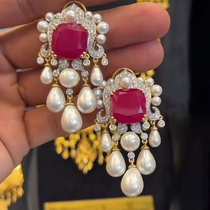 6.36Ctw cushion-cut ruby and pearl pendant earrings-JEWELBUYS