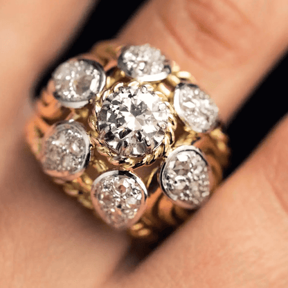 French Vintage 7ct Round Cut White Sapphire Yellow Gold Thread Dome Ring-JEWELBUYS