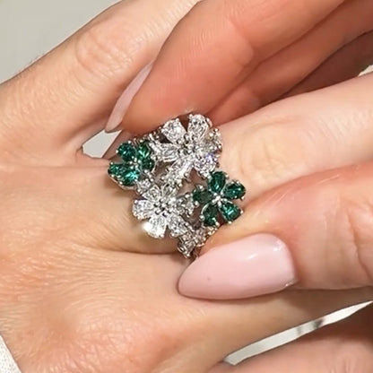 14ct Pear Cut Emerald and White Diamond Floral Ring - JEWELBUYS