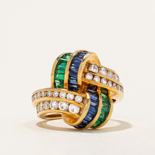 2.25Ctw Emerald and Round-Cut Multicolor Sapphire Ring-JEWELBUYS