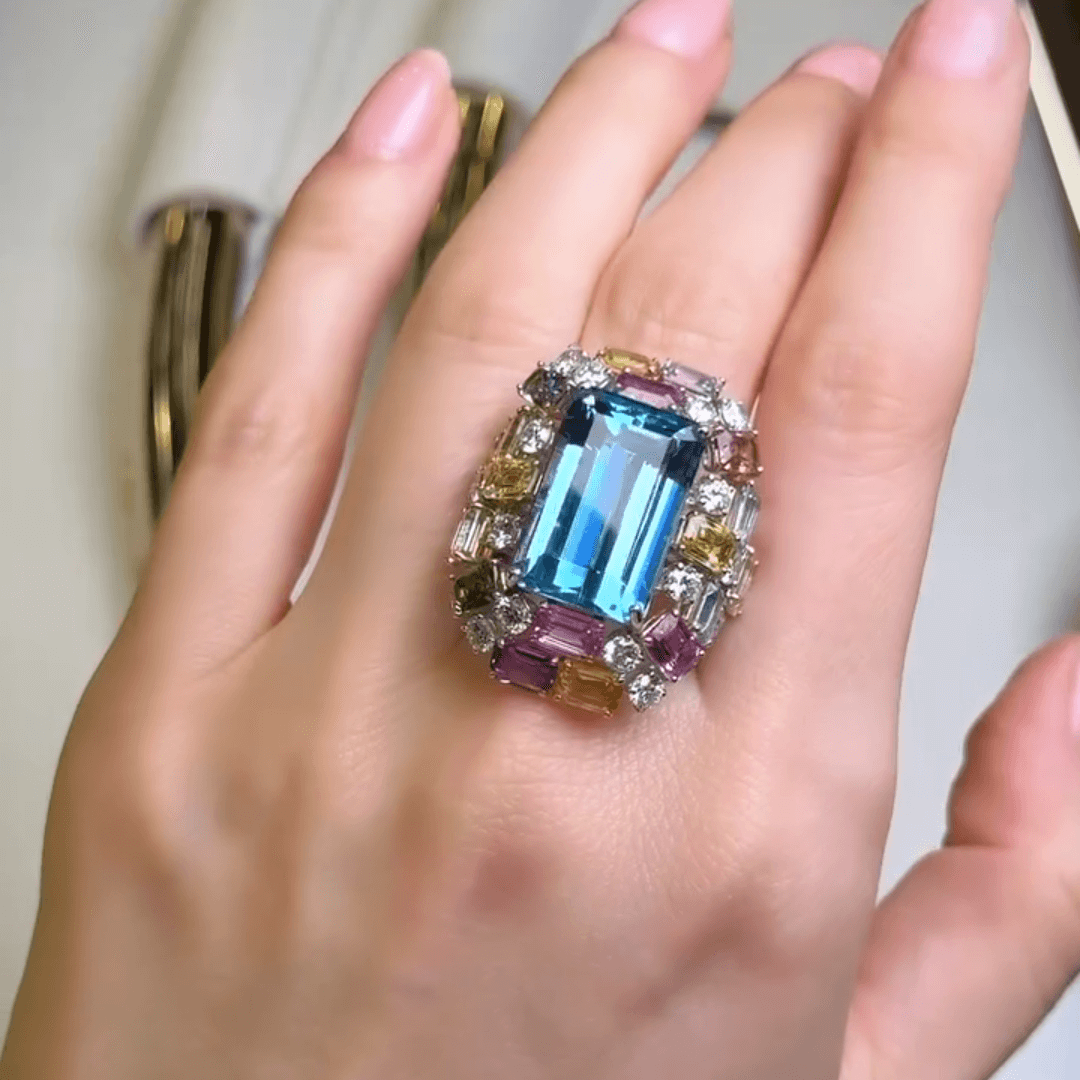 8ct Emerald Cut Multi Color Sapphires Engagement Ring-JEWELBUYS