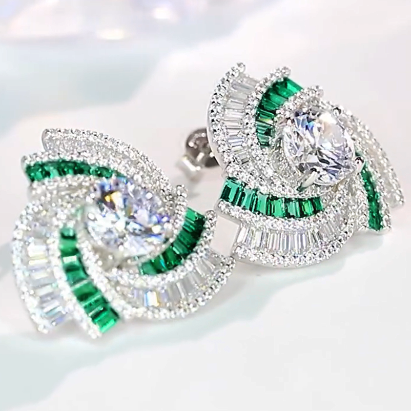 Elegant 8 ctw Round & Baguette Cut White Gemstone & Emerald Swirl Earrings -JEWELBUYS