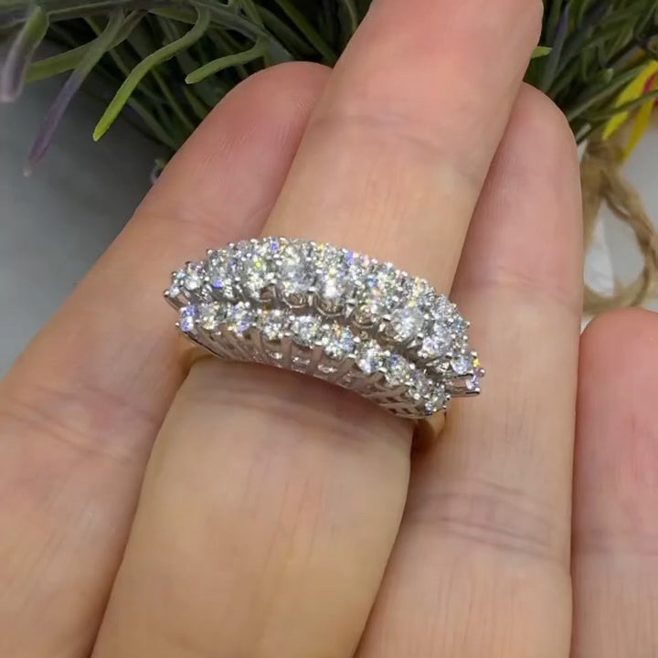 1.34Ctw Round-cut three-row sapphire bicolor gold ring- JEWELBUYS