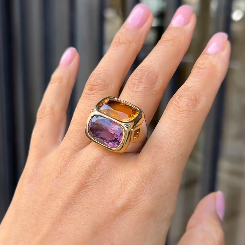 Unique 12 ctw Cushion Cut Blue & Purple & Yellow Gemstone Two Stone Cocktail Ring -JEWELBUYS