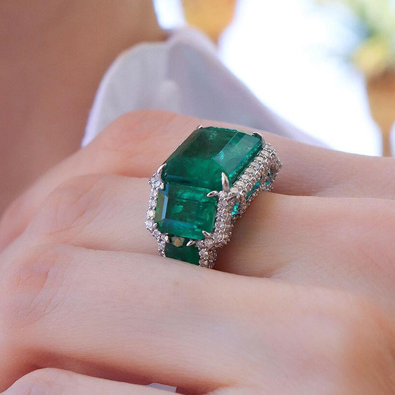 Elegant 13ct Emerald Cut Pave Green Sapphire Setting Engagement Ring-JEWELBUYS