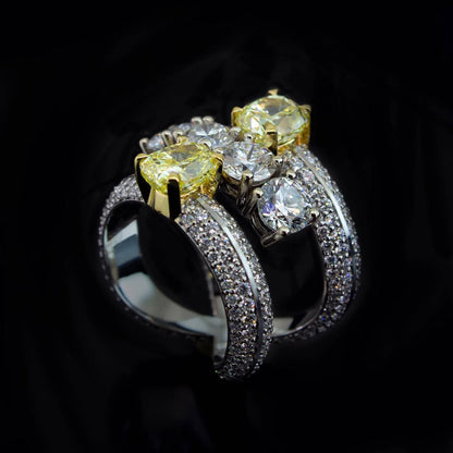 5ct 2 Yellow Cushion Cut and 4 White Round Cut Sapphires Fashion Ring-JEWELBUYS
