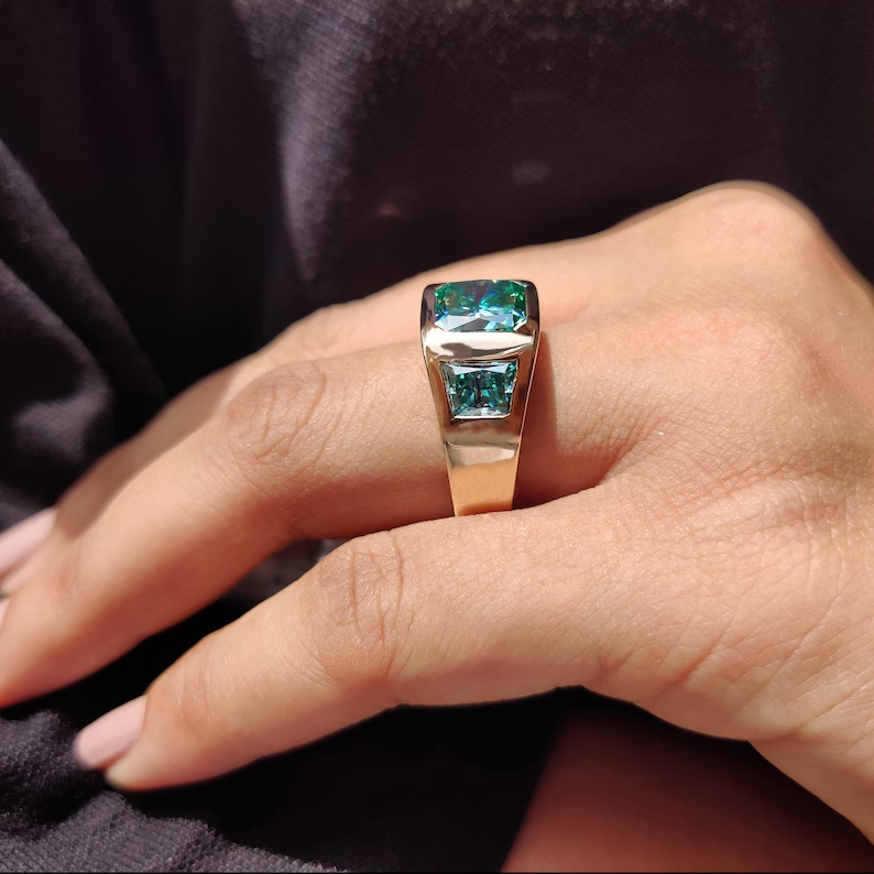Three Stone 7 ctw Radiant Cut Blue Green Sapphire Vintage Ring - JEWELBUYS