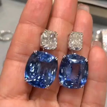 32ctw Cushion Cut Blue & Aquamarine Sapphire Dangle Earrings-JEWELBUYS