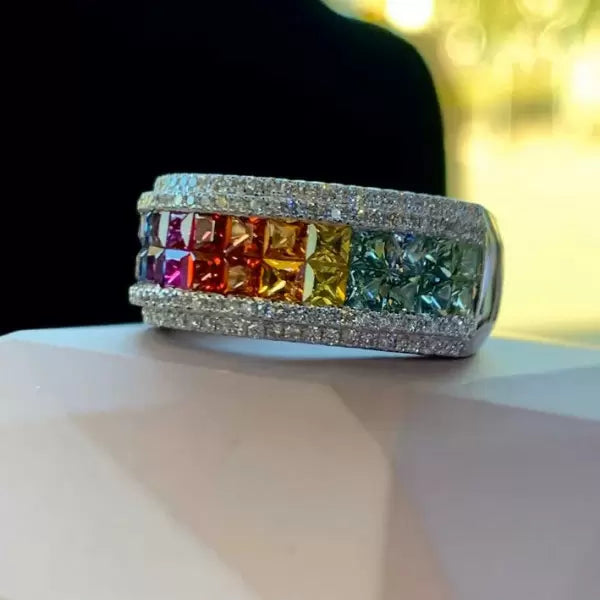6.2ctw Rainbow Multi Color Sapphire Princess Cut Ring-JEWELBUYS