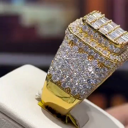 6.52Ctw Baguette/Round Men's Sapphire Square Halo Ring-JEWELBUYS